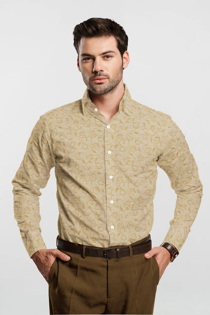 Beige and Biscotti Cream Rose Flower Jacquard Print Giza Cotton Shirt Plus size Printed Shirt in India