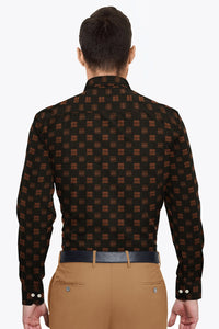 Black and Blaze Orange Two Toned Jacquard Square Printed Premium Cotton Shirt