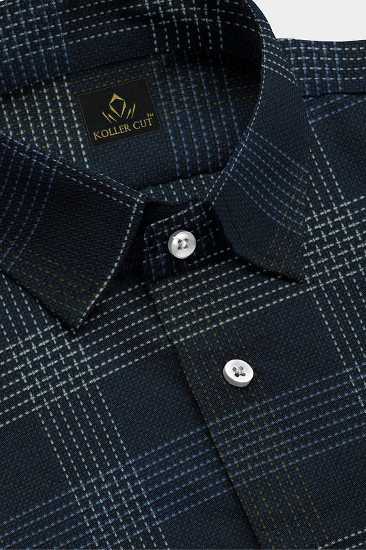 Ink Blue with Mustard Gold and Lichen Blue Jacquard Dash Checks Premium Cotton Shirt