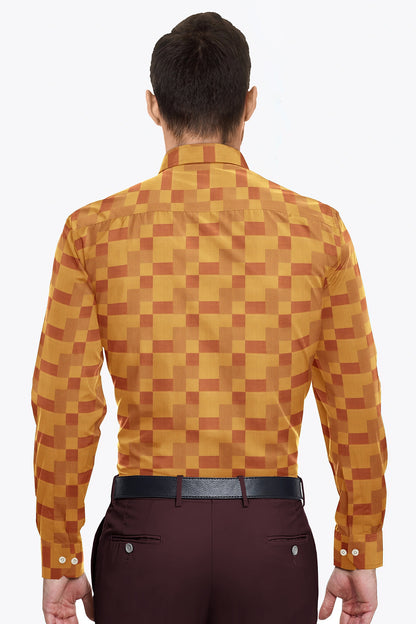 Mustard Yellow and Rust Red Tetris Printed Premium Cotton Shirt