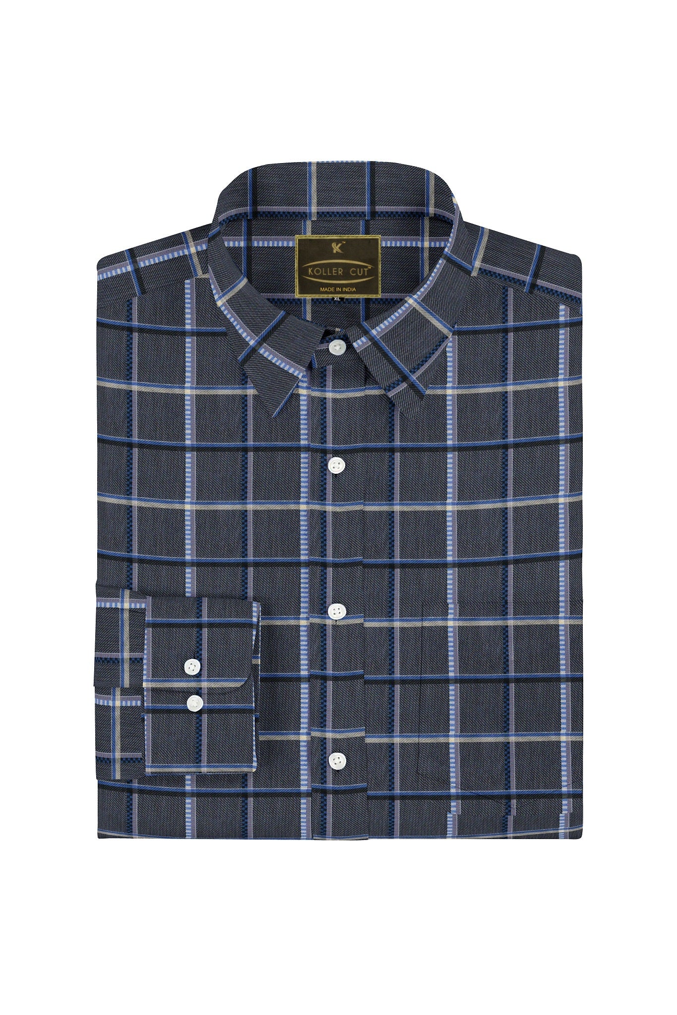 Thistle Purple and Jade Black with Cerulean Blue and Azure Blue Twill Checks Cotton Shirt