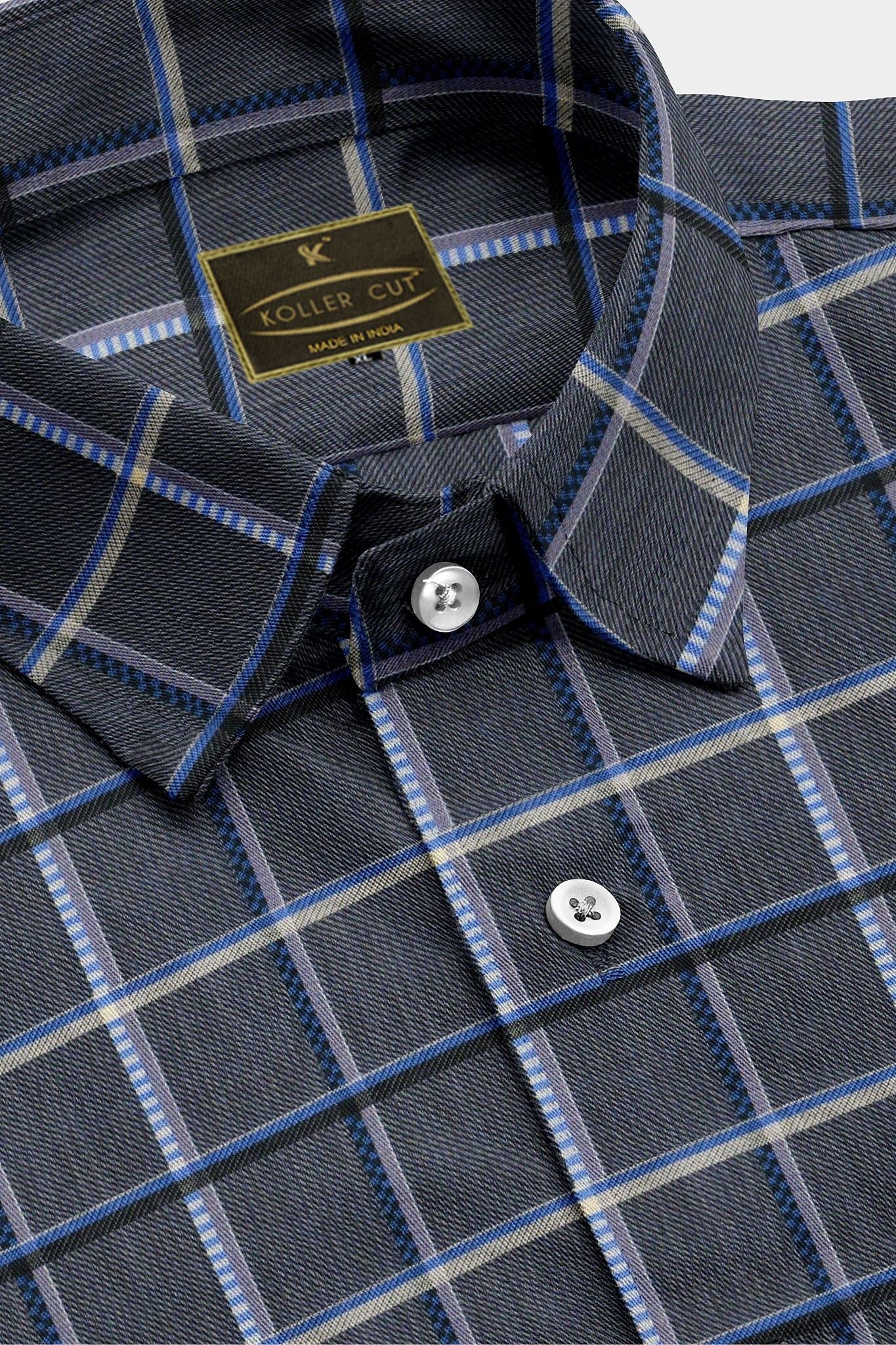 Thistle Purple and Jade Black with Cerulean Blue and Azure Blue Twill Checks Cotton Shirt