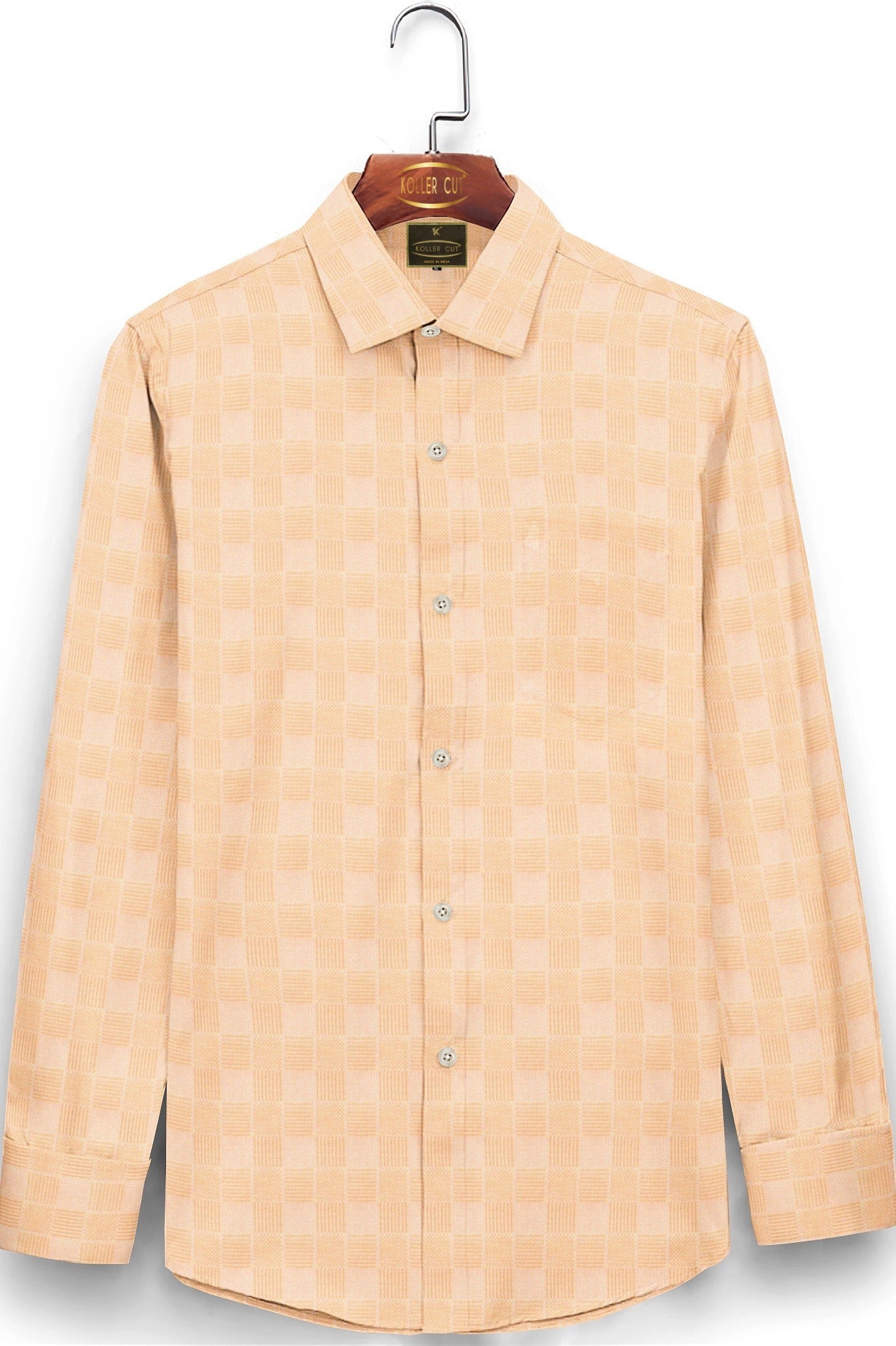 Coral Peach Jacquard Checks Premium Cotton Shirt