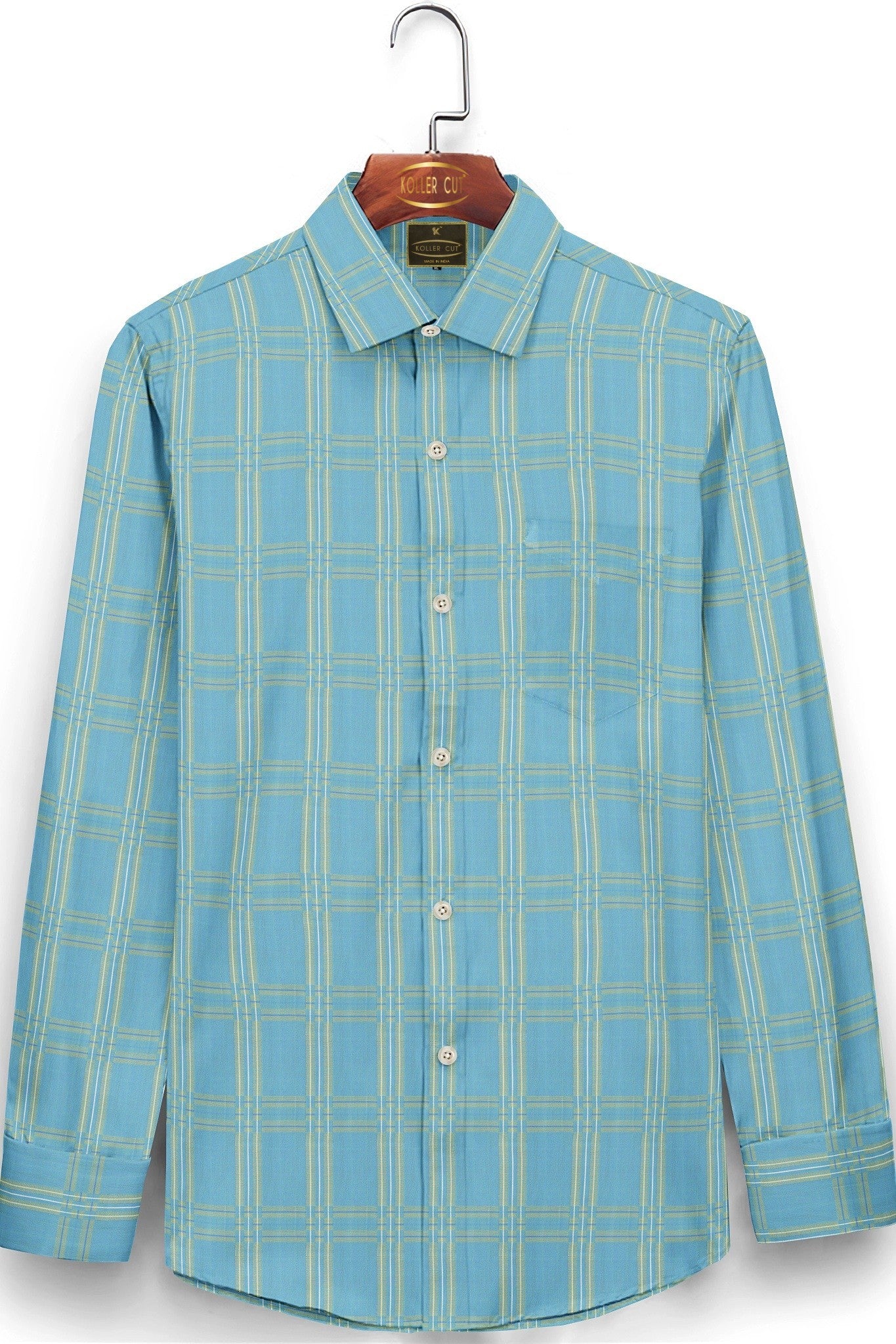 Turquoise Blue with Munsell Yellow and White Checks Cotton Shirt