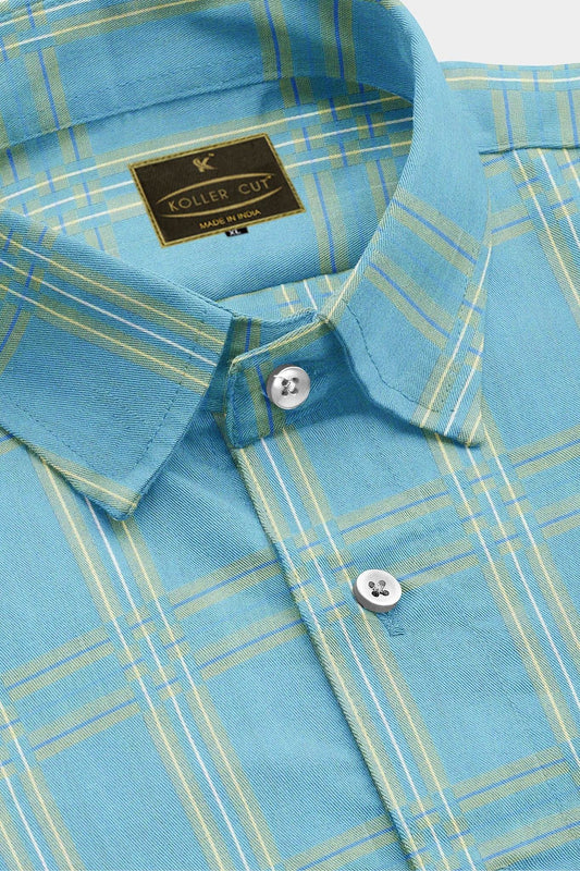 Turquoise Blue with Munsell Yellow and White Checks Cotton Shirt