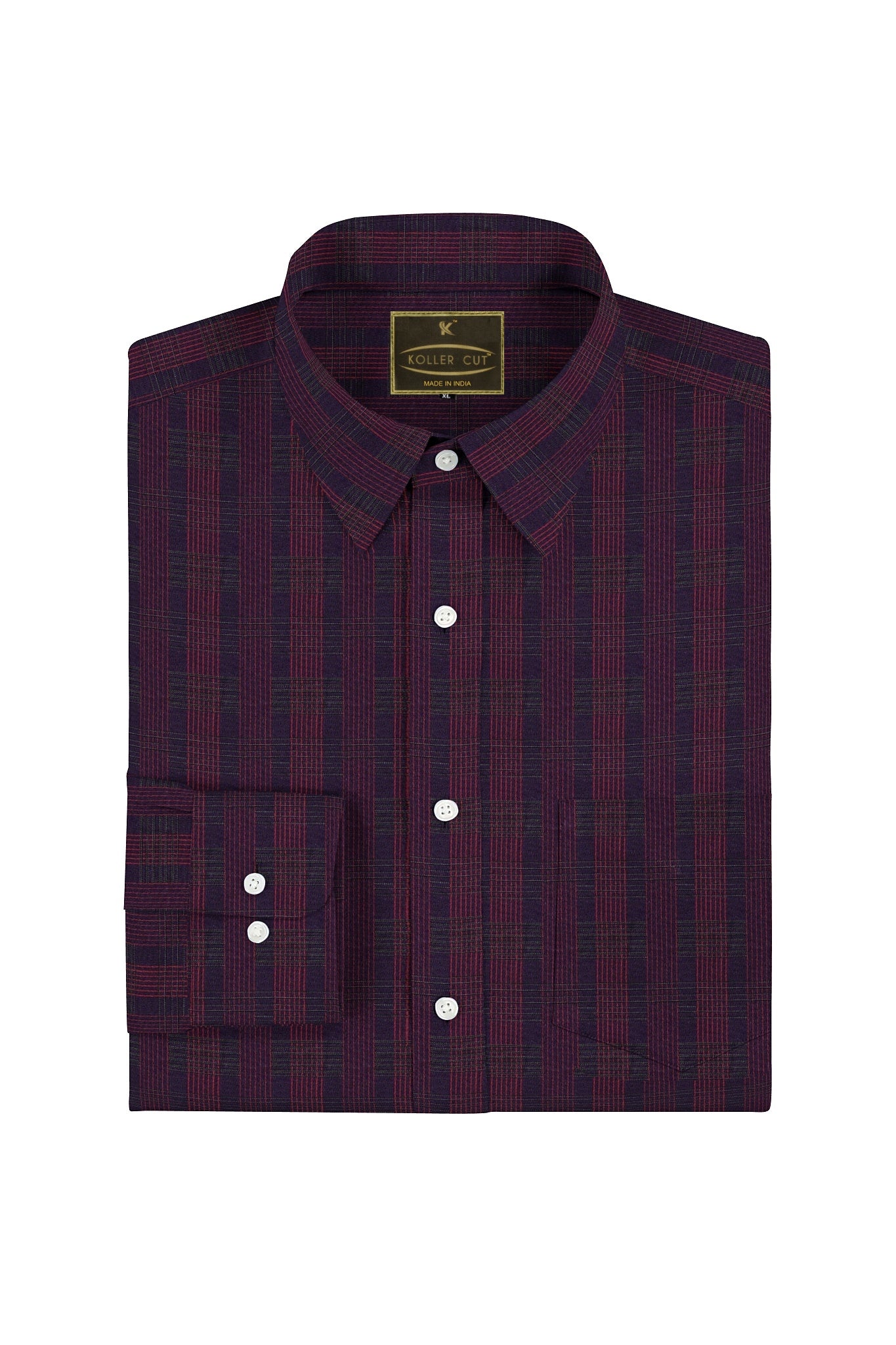 Wine Purple with Red and Green Jacquard Checks Cotton Shirt