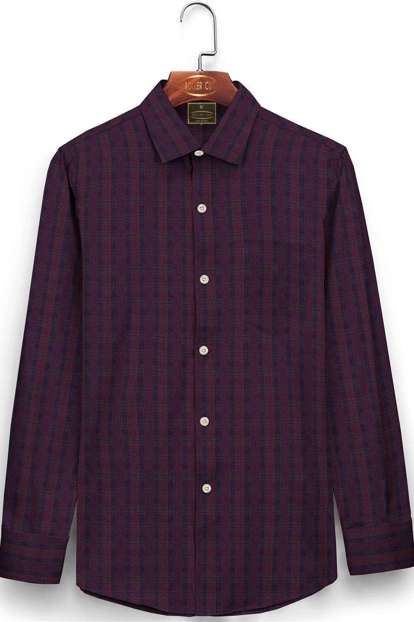 Wine Purple with Red and Green Jacquard Checks Cotton Shirt