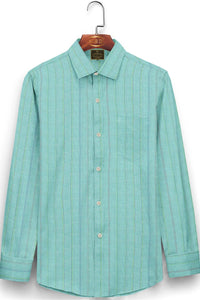Turquoise Blue and White Multicolored Double Stripes Cotton Shirt