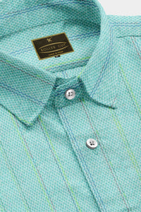 Turquoise Blue and White Multicolored Double Stripes Cotton Shirt