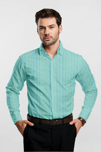 Turquoise Blue and White Multicolored Double Stripes Cotton Shirt
