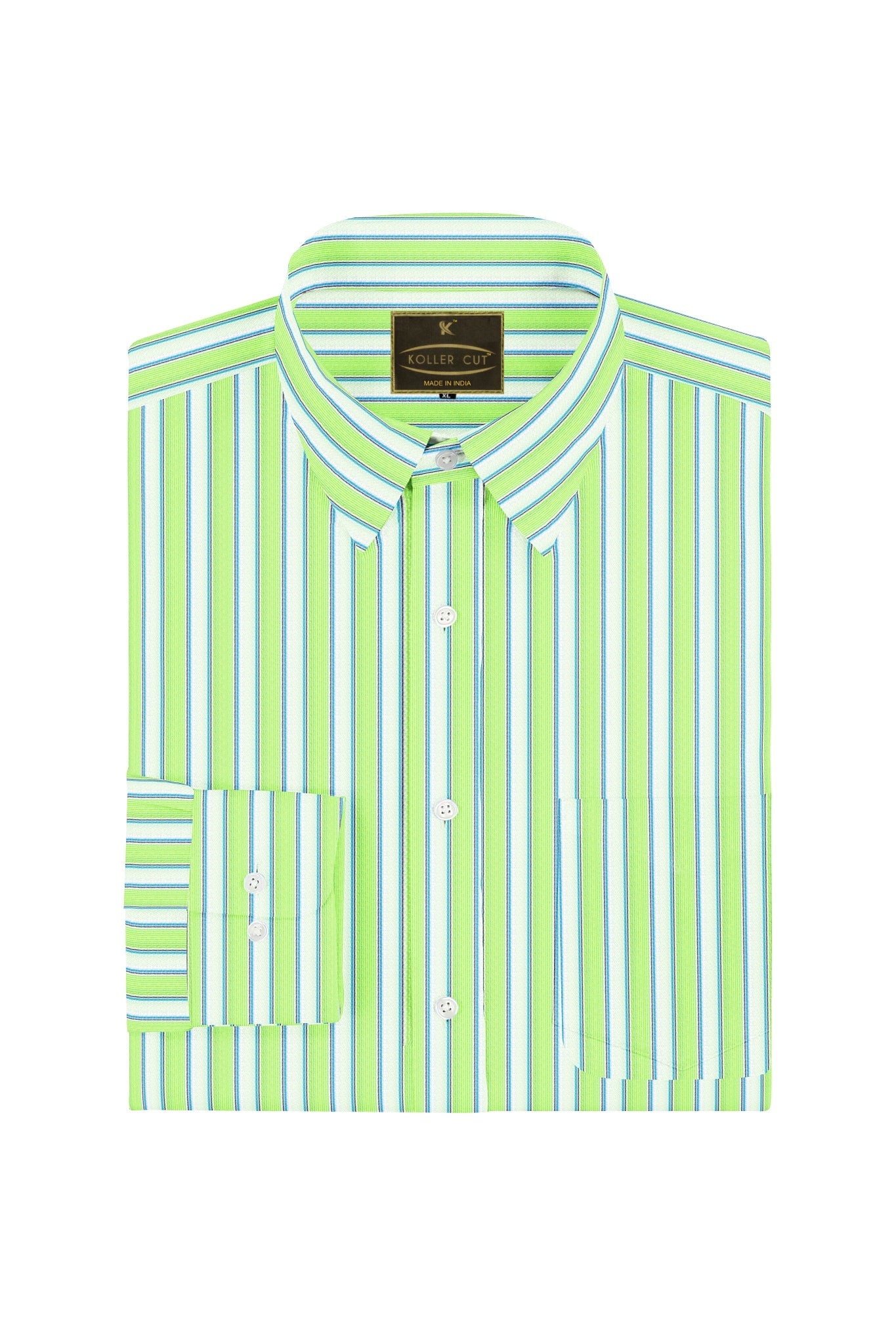 White with Lime Green and Sapphire Blue Regimental Stripes Cotton Shirt