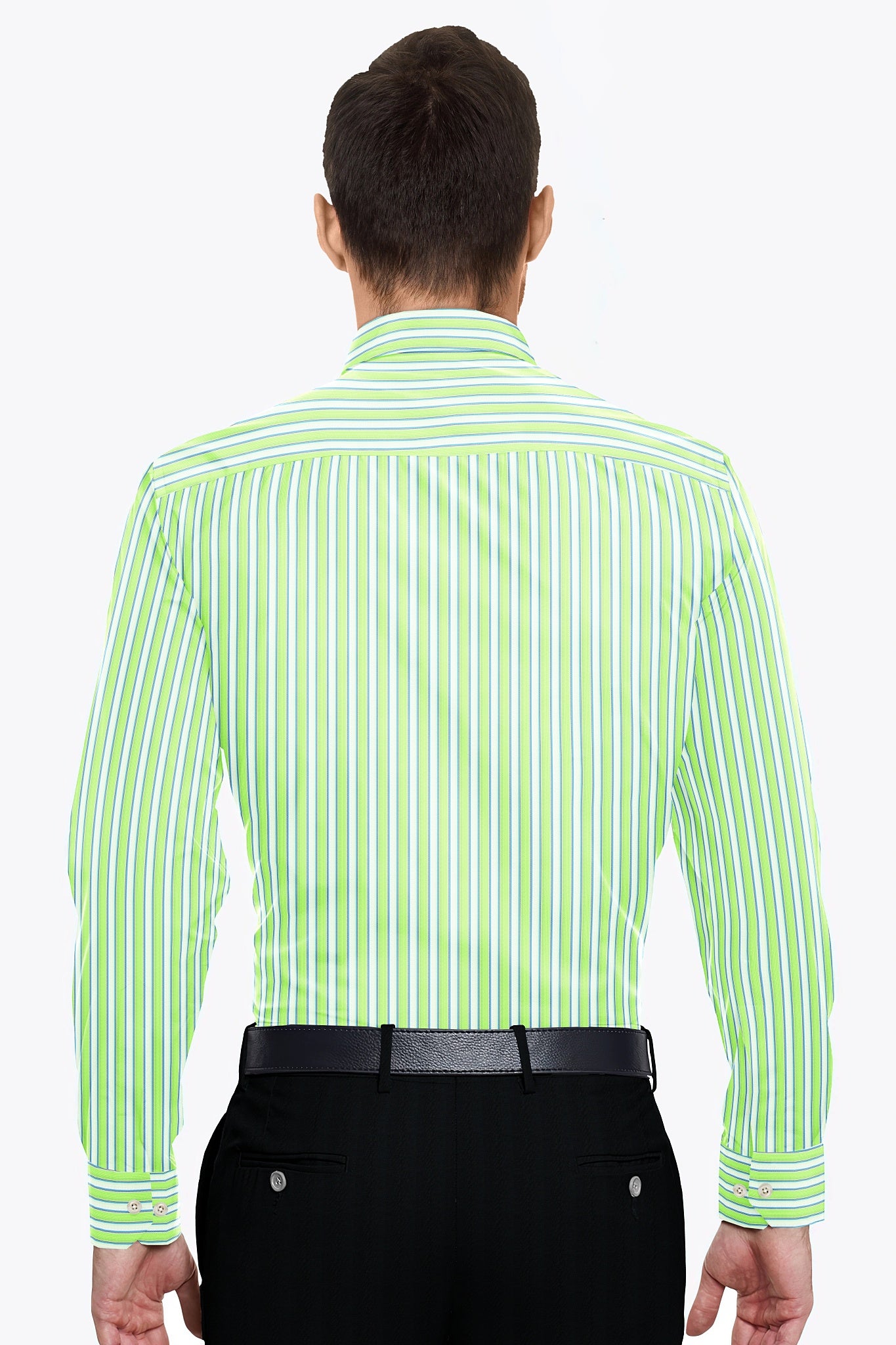 White with Lime Green and Sapphire Blue Regimental Stripes Cotton Shirt
