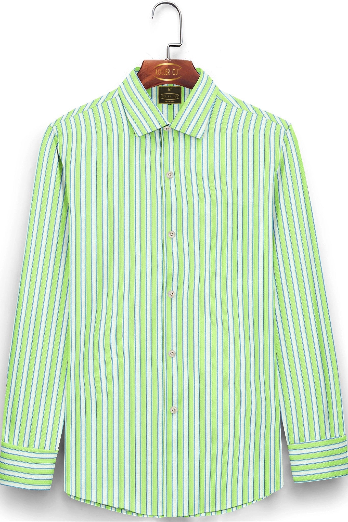 White with Lime Green and Sapphire Blue Regimental Stripes Cotton Shirt