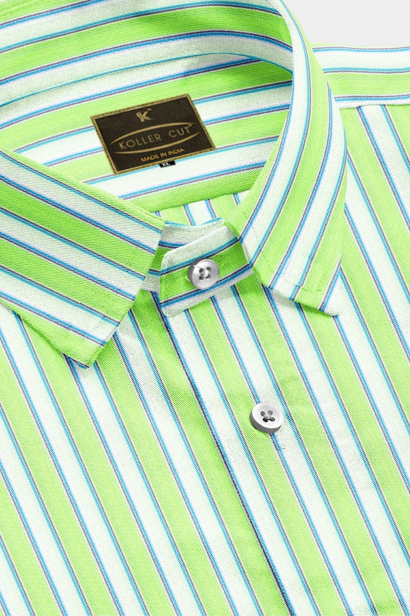 White with Lime Green and Sapphire Blue Regimental Stripes Cotton Shirt