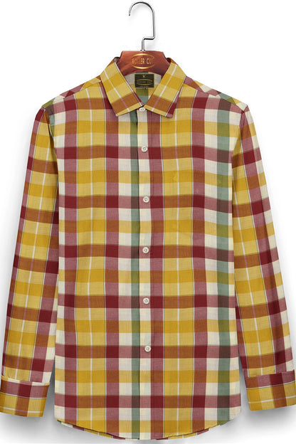 White with Brick Red and Amber Yellow Box Checks Cotton Shirt