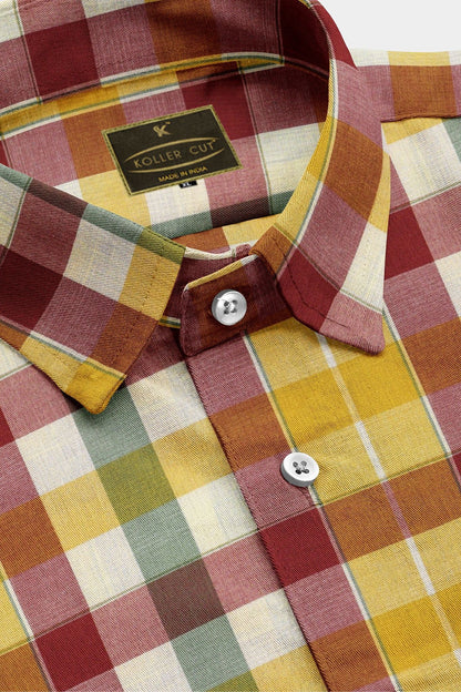 White with Brick Red and Amber Yellow Box Checks Cotton Shirt