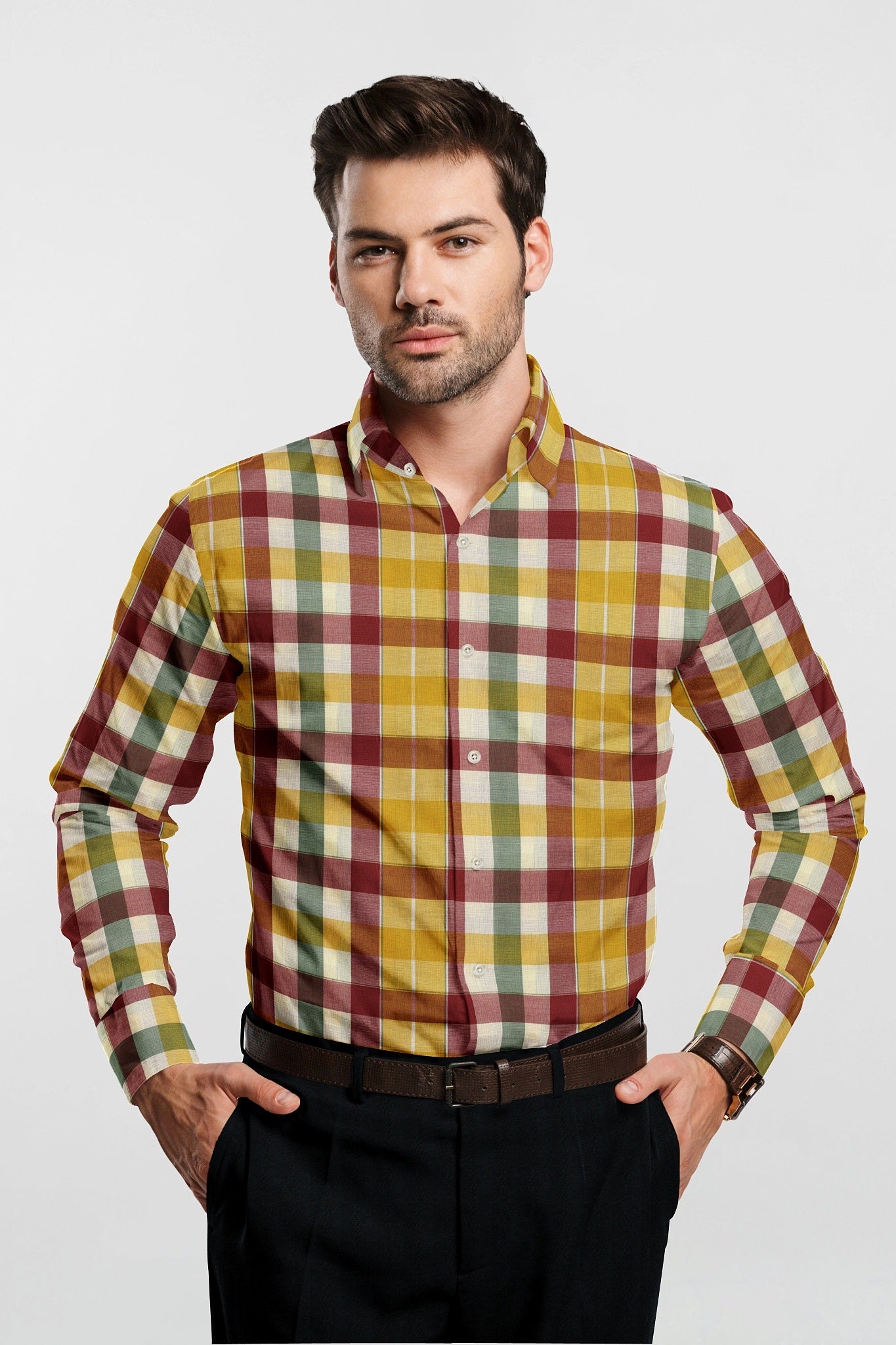 White with Brick Red and Amber Yellow Box Checks Cotton Shirt