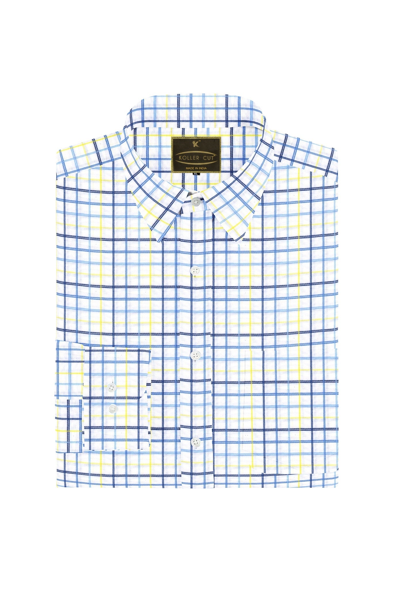 White with Neon Yellow and Neo Mint Blue Checks Cotton Shirt