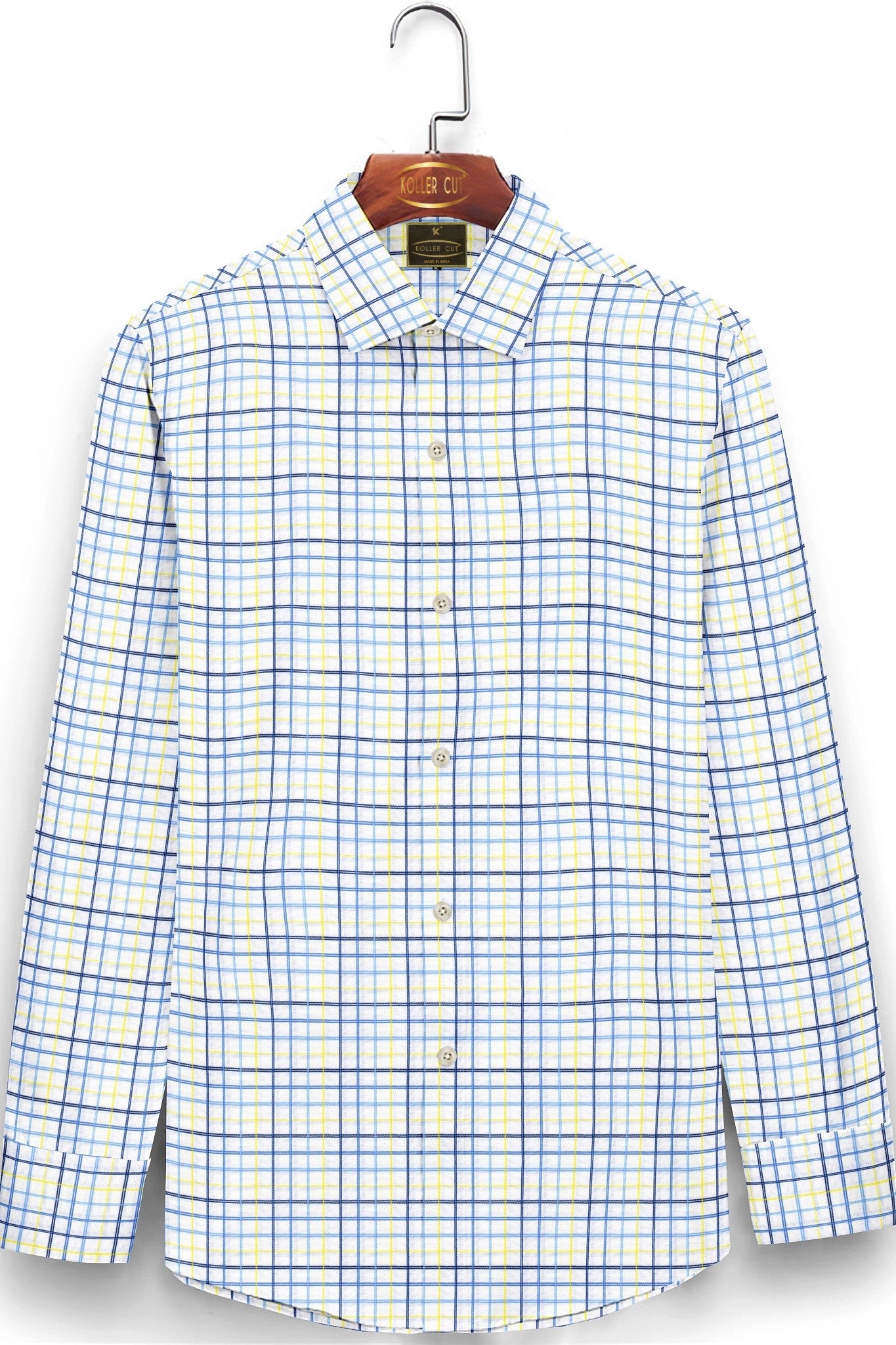 White with Neon Yellow and Neo Mint Blue Checks Cotton Shirt