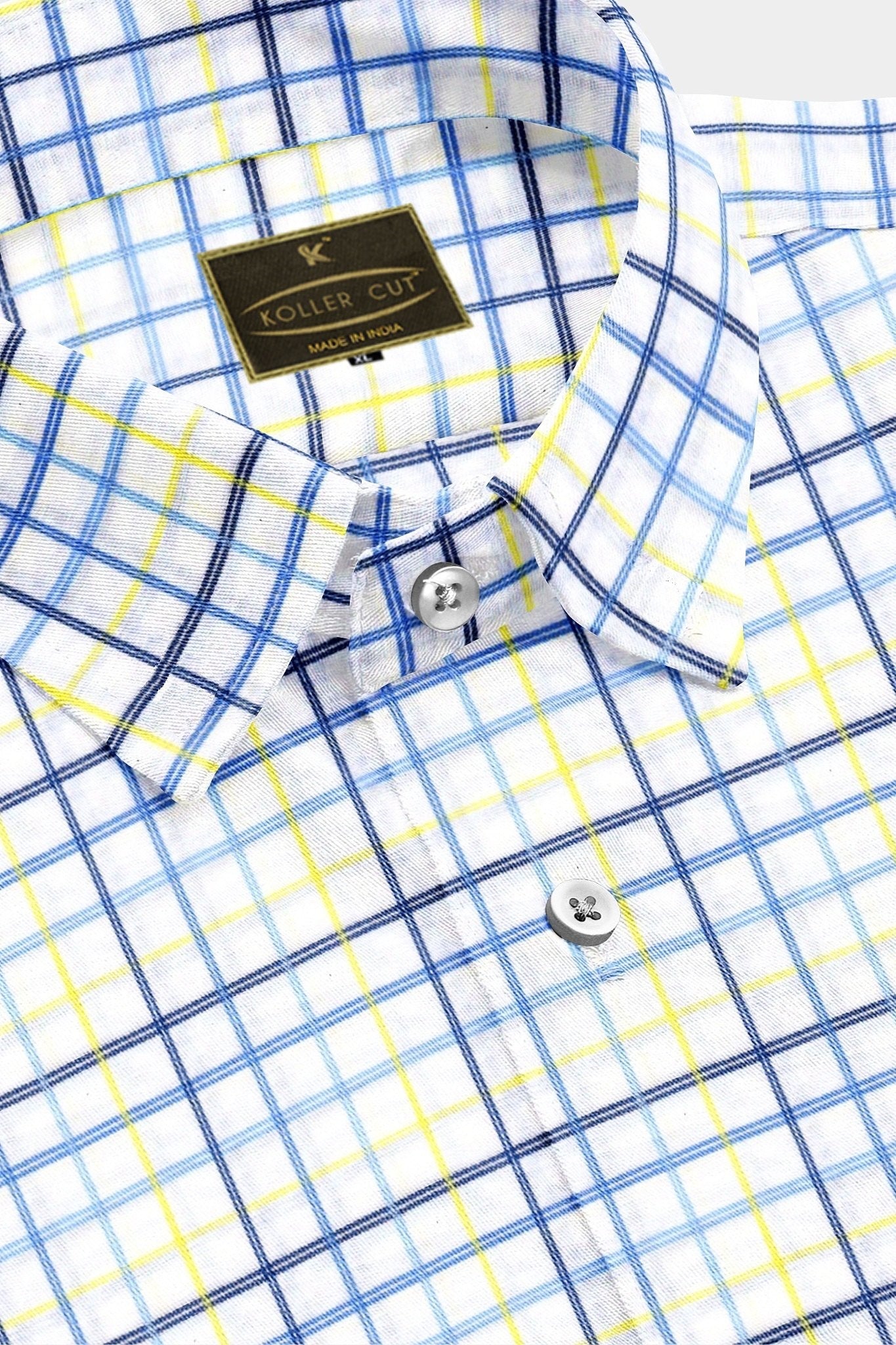 White with Neon Yellow and Neo Mint Blue Checks Cotton Shirt