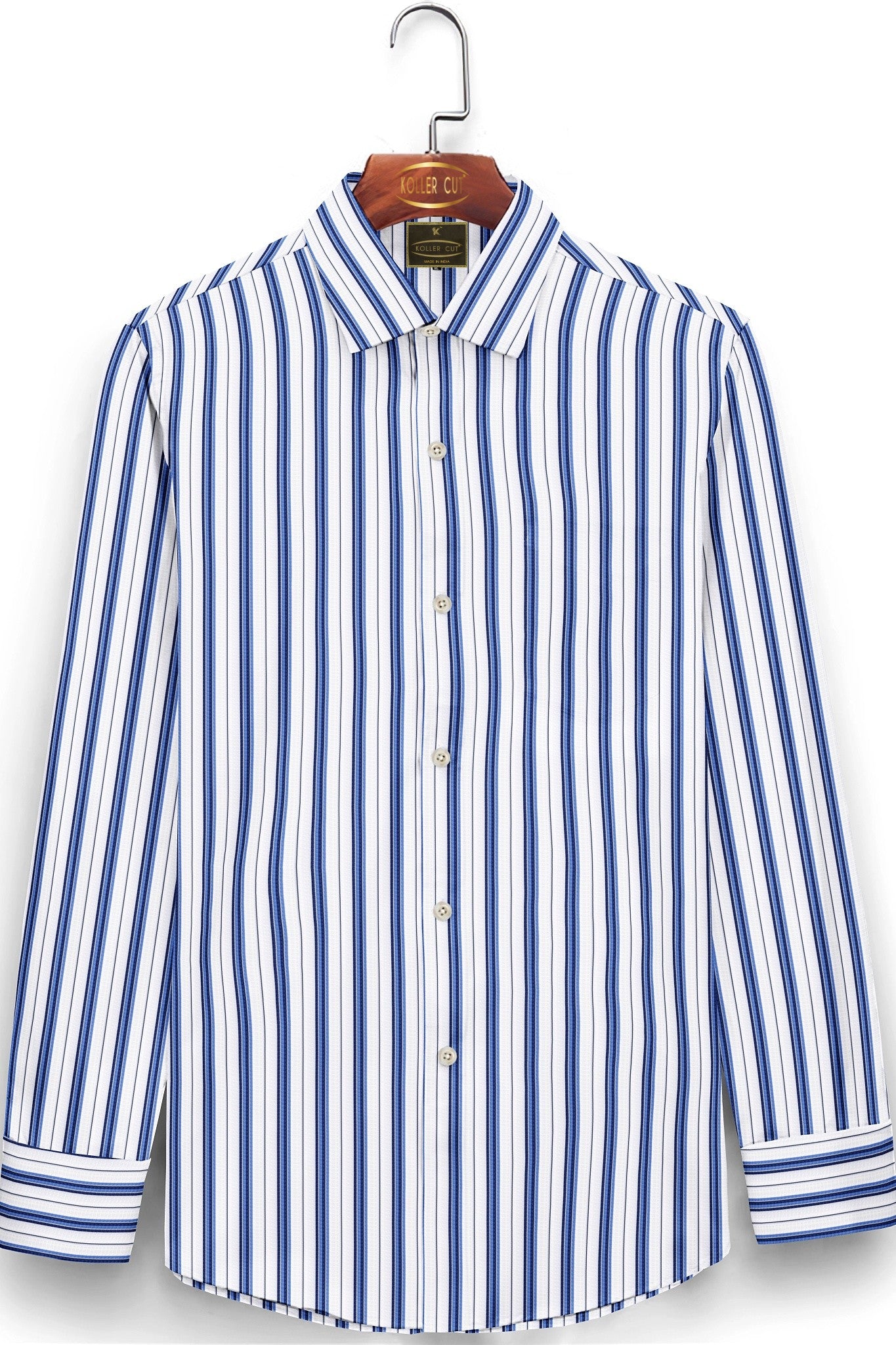 White with Dodger blue and Azure Blue Hairline Stripes Cotton Shirts