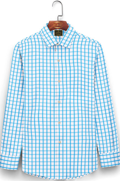 Celadon Blue and White Windowpane Checks Cotton Linen Shirt