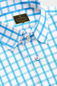 Celadon Blue and White Windowpane Checks Cotton Linen Shirt