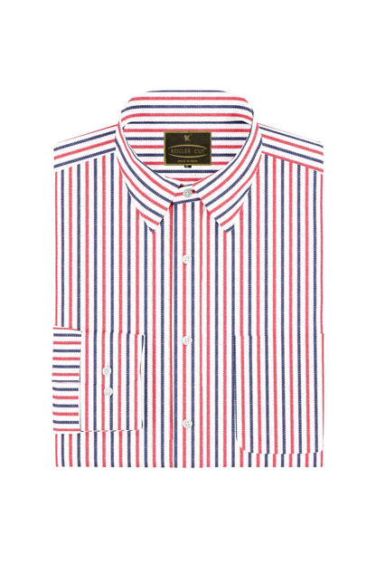 White with Vermillion Red and Prussian Blue Stripes Cotton Shirt