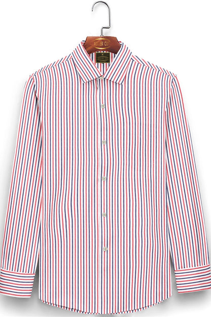 White with Vermillion Red and Prussian Blue Stripes Cotton Shirt