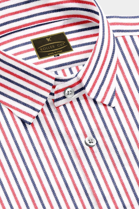 White with Vermillion Red and Prussian Blue Stripes Cotton Shirt