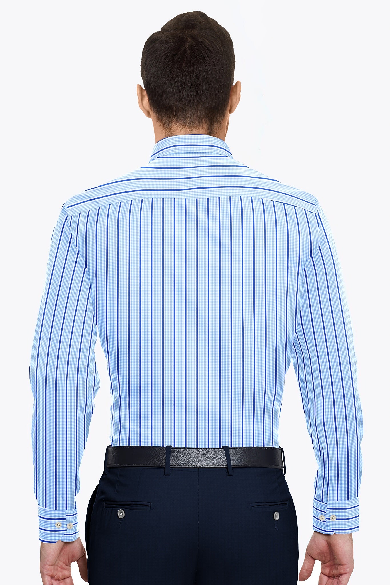 White with Cerulean Blue and Cobalt Blue Wide Chalk Stripes and Checks Cotton Shirt
