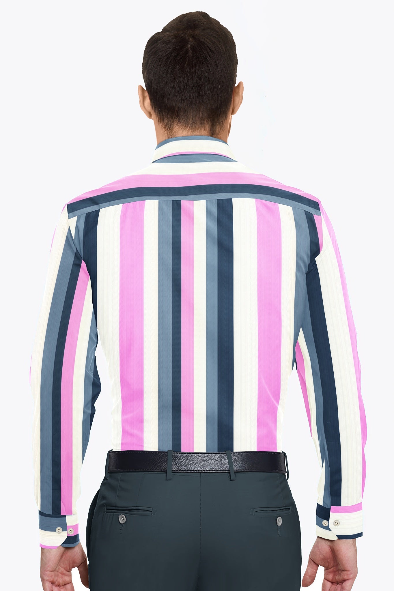 White with Taffy Pink and Slate Gray Multitrack Multi Stripes Men's Cotton Shirt