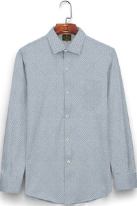 Steel Gray and Indigo Blue Dot Squared Geometric Pattern Printed Cotton Shirt