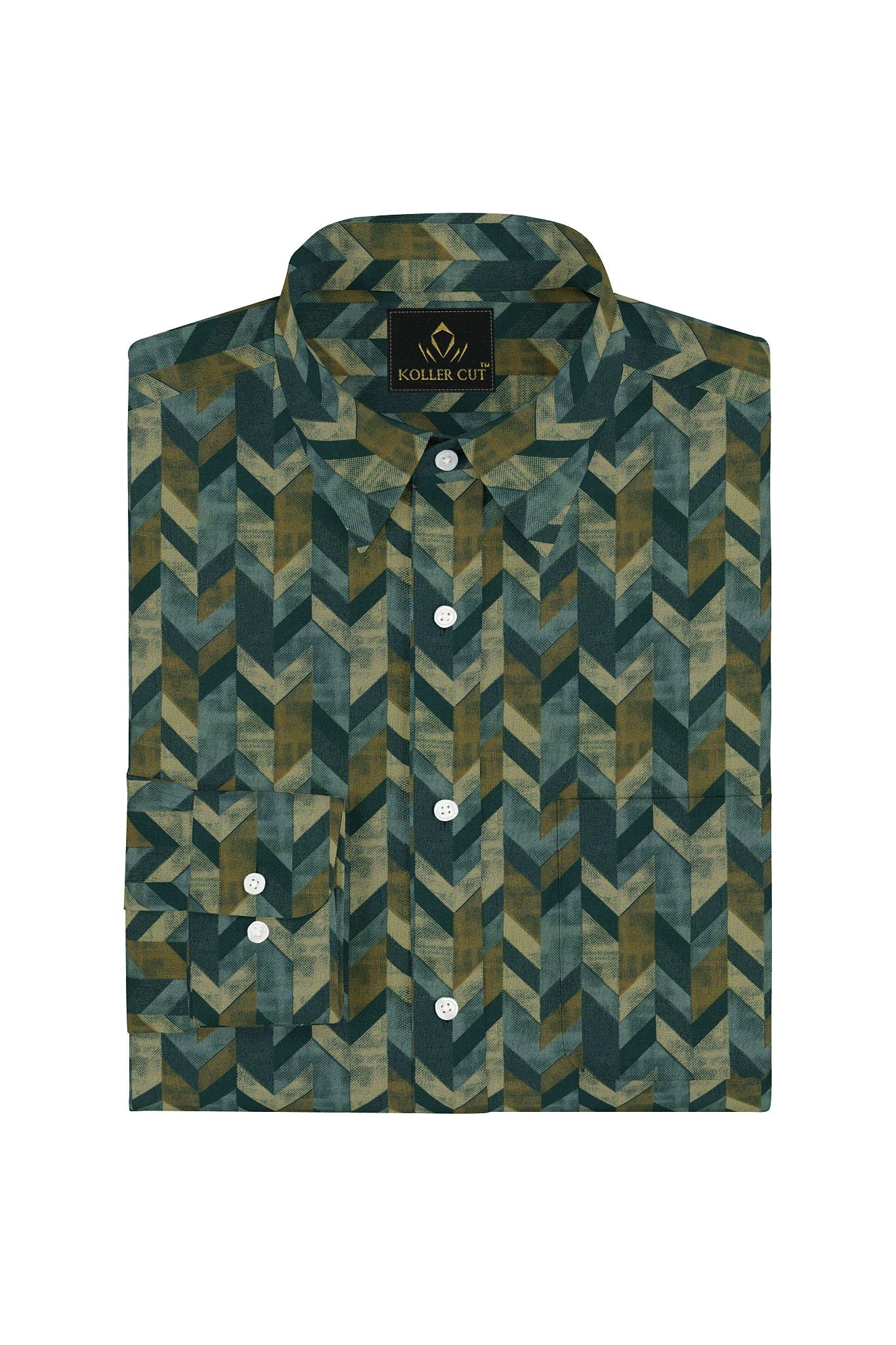 Beige and Phthalo Green Chevron Stripes Printed Cotton Shirt