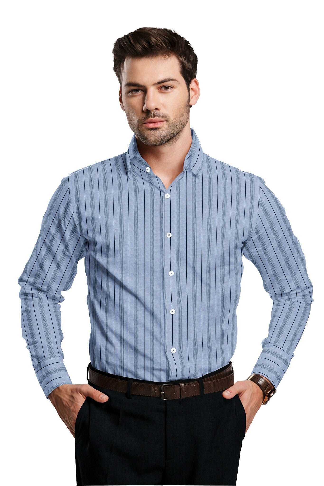 Cashmere Blue and Black Hairline Stripes Cotton Shirt