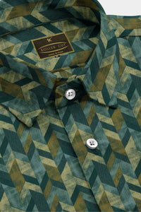 Beige and Phthalo Green  Chevron Stripes Printed Cotton Shirt