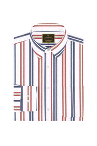 White with Denim Blue and Apple Red Multitrack Stripes Cotton Shirt
