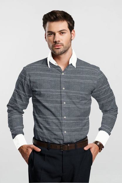 Coal Black and White Wide Stripe Designer Cotton Linen Shirt