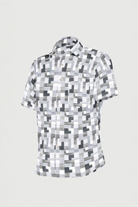 Pearl Gray with Shadow Gray and Iron Gray Tetris Printed Cotton Shirt