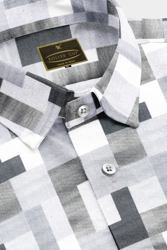 Pearl Gray with Shadow Gray and Iron Gray Tetris Printed Cotton Shirt