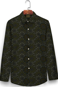 Manatee Gray with Sacramento Green and Olive Green Multicolored Lotus Flower Printed Cotton Shirt