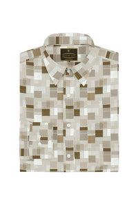 Acadia White with Coffee Brown Half Tone Grid and Stripes Pattern Printed Cotton Shirt