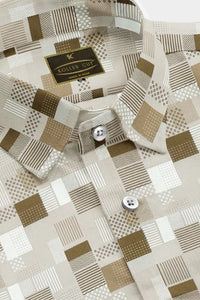 Acadia White with Coffee Brown Half Tone Grid and Stripes Pattern Printed Cotton Shirt