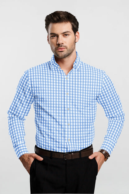 White and Carolina Blue Gingham Checks Cotton Shirt