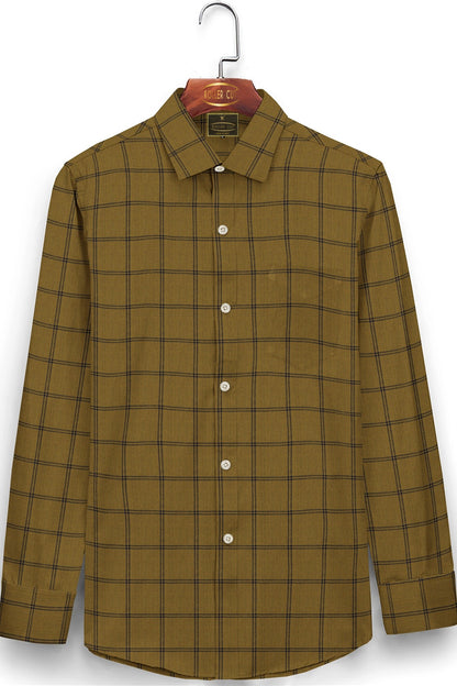 British Khaki and Midnight Blue Windowpane Checks Cotton Shirt