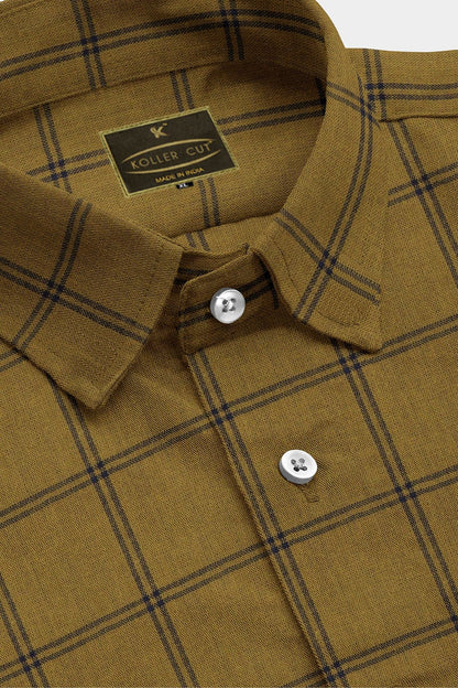 British Khaki and Midnight Blue Windowpane Checks Cotton Shirt