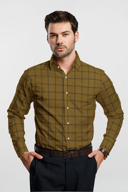 British Khaki and Midnight Blue Windowpane Checks Cotton Shirt