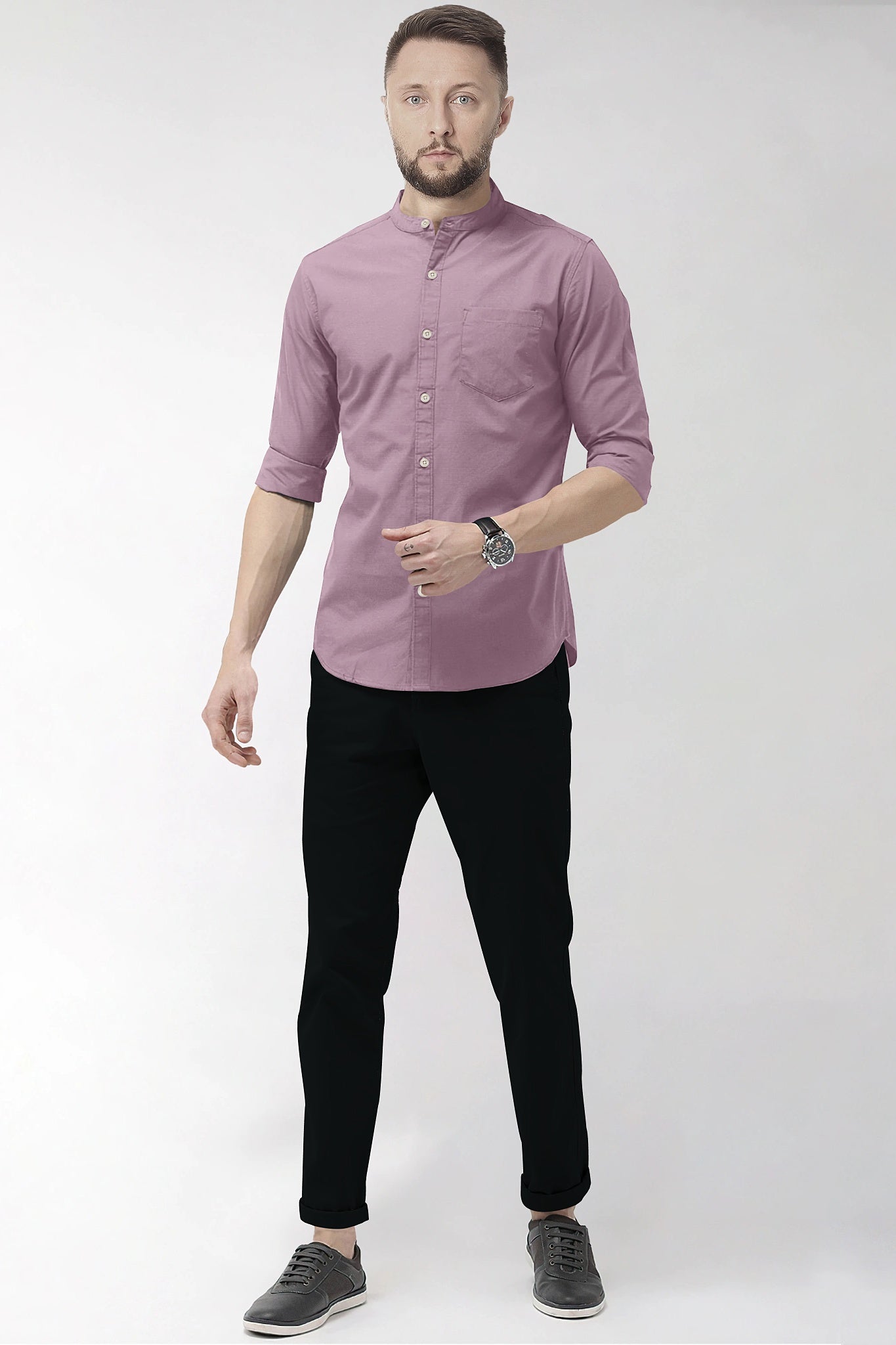 Millennial Pink Mandarin Collar Giza Cotton Shirt