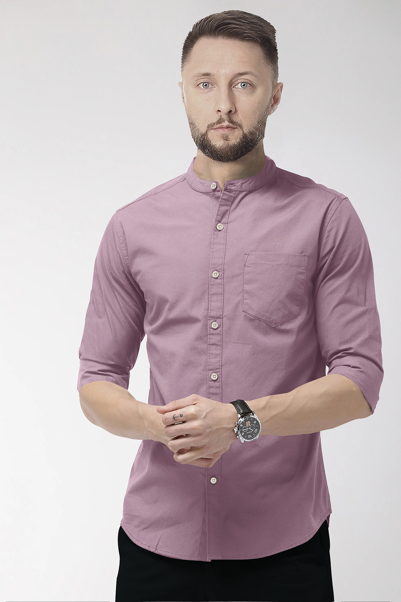 Millennial Pink Mandarin Collar Giza Cotton Shirt