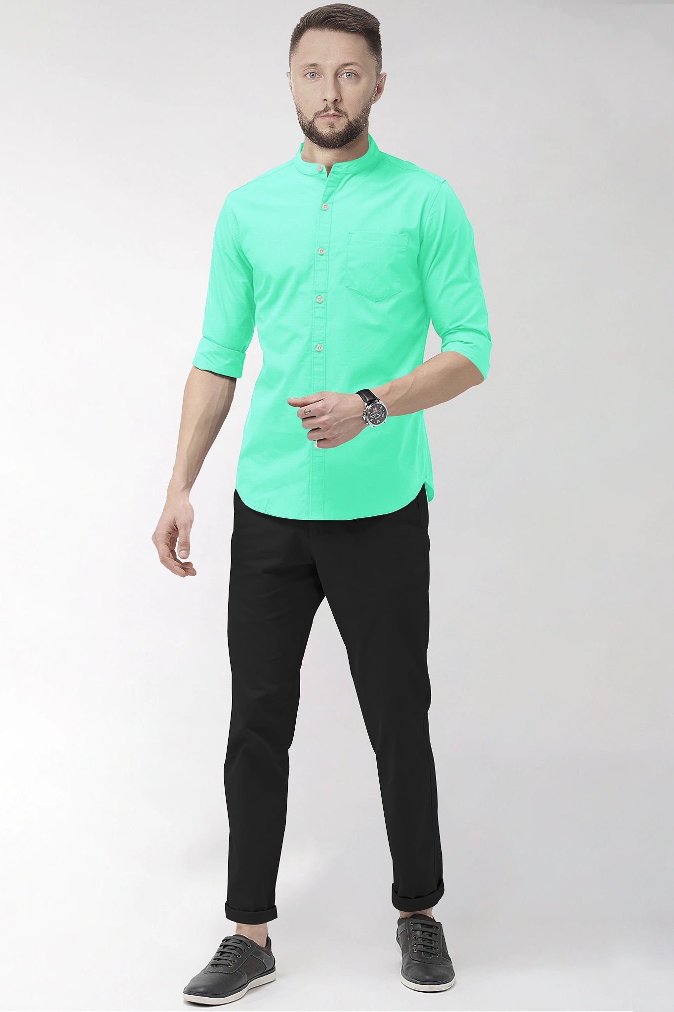 Celeste Blue Mandarin Collar Giza Cotton Shirt